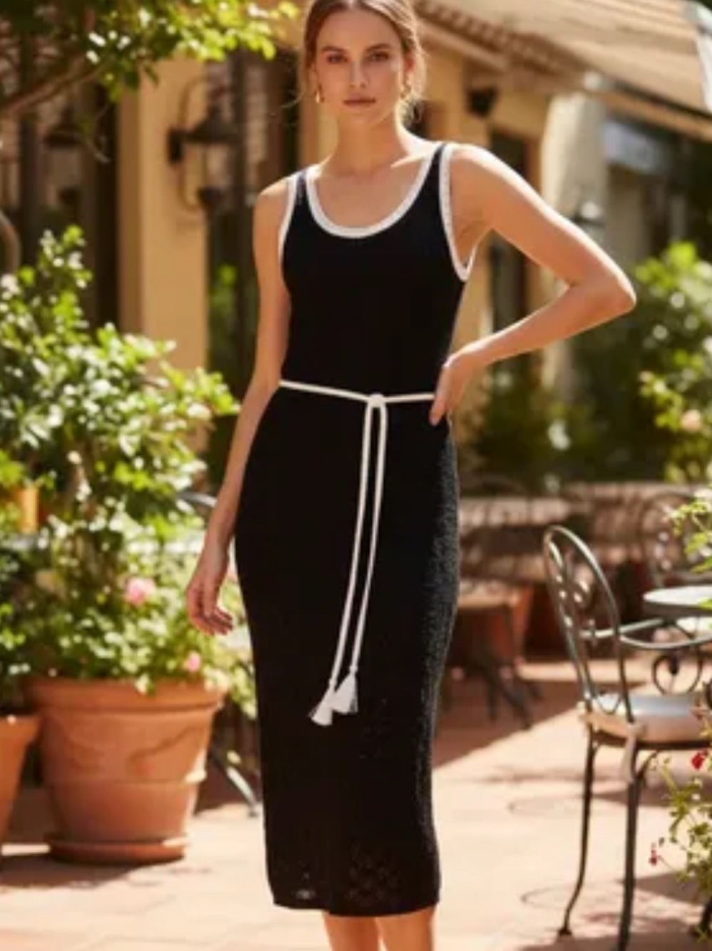 Nine West Black Crochet Knit Sleeveless Maxi Dress with Cream Trim & Belt- Large